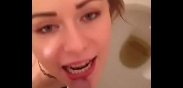  Hot brunette teen slut swallows boyfriends piss over toilet
